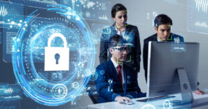 cybersecurity lock people standing around computer with face scanning technology