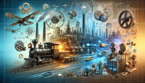 image depicting 'Lessons from the Industrial Revolution for Future AI-Driven Supply Chain Management'. The design is educational and futuristic, effectively communicating how historical insights can inform the evolution of AI-driven supply chain management.
