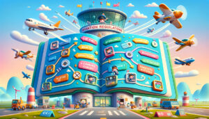playful and colorful illustration depicting aviation regulations in a whimsical, cartoon-style airport setting