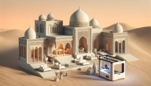 image illustrating 3D printing technology in real estate, styled in a minimalist Middle Eastern architectural theme