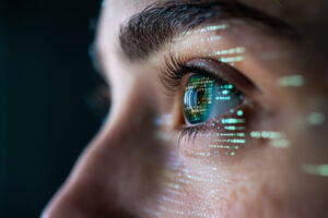 A close up of human eye reflecting digital data, showcasing blend of technology and human emotion. intricate details highlight connection between vision and information.