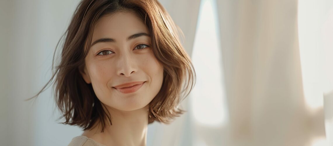 部屋で微笑む中年女性　美容イメージ　AI