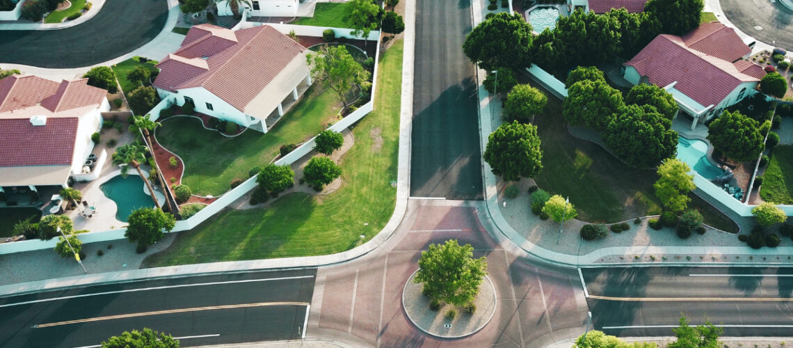 overhead view of houses and real estate