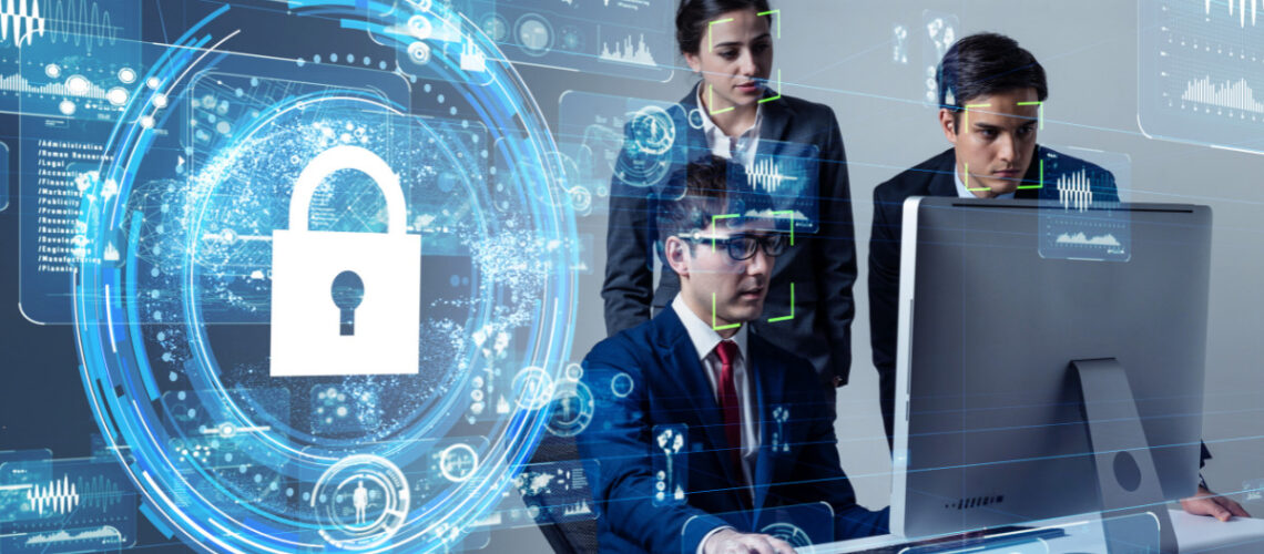 cybersecurity lock people standing around computer with face scanning technology