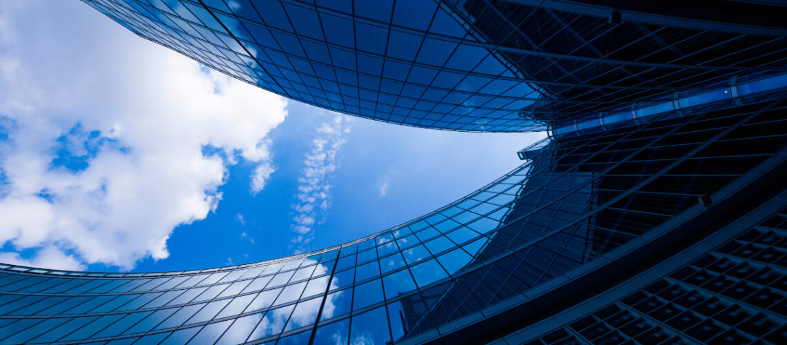 a corporate office building in a city.