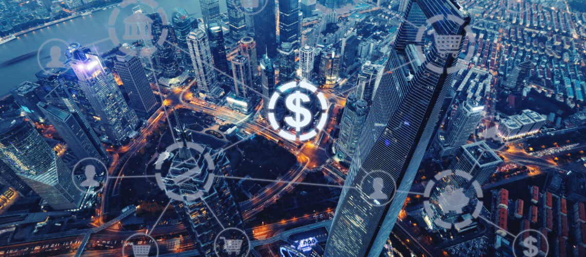 skyview of new york city financial district digital icons