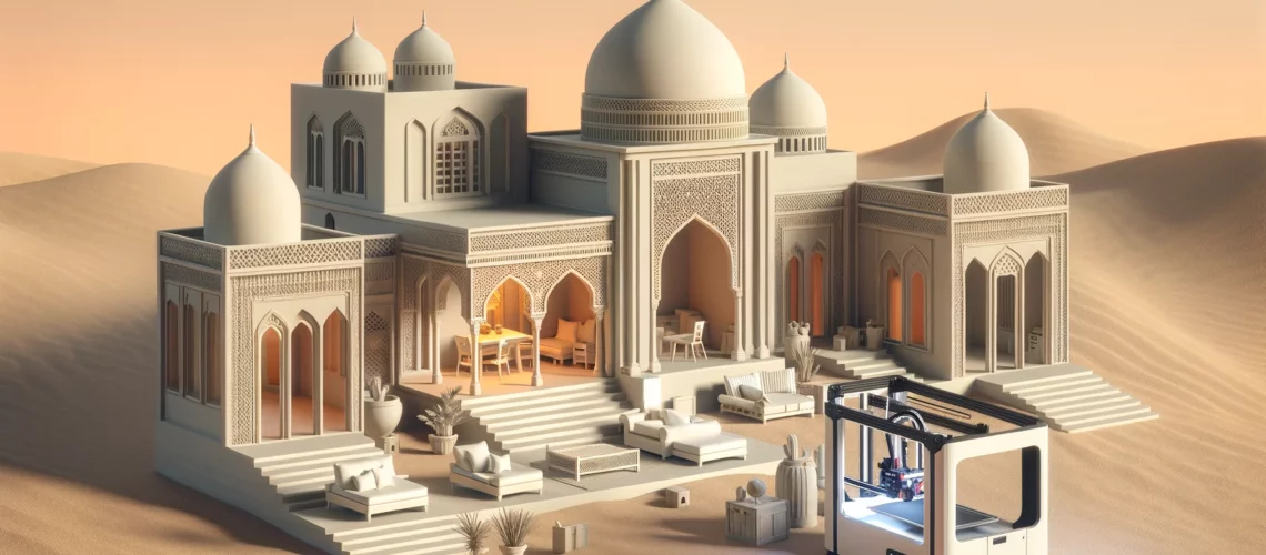 image illustrating 3D printing technology in real estate, styled in a minimalist Middle Eastern architectural theme